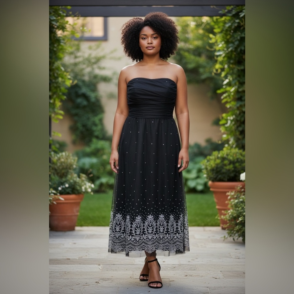 Jessica Howard Black Strapless Midi Dress with Silver Embroidery